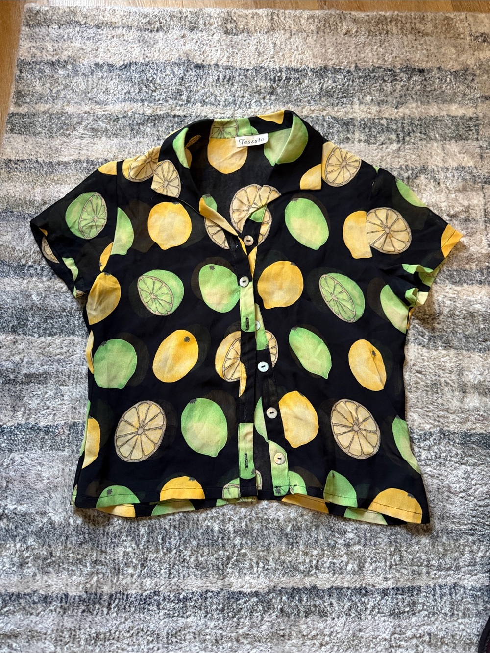Citrus-Print Button-Front Short Sleeve Shirt - Black